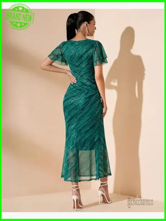 Floral Mesh Maxi Dress Ruched Ruffle Sleeve Bodycon Wedding Guest Cocktail - Picture 5 of 7